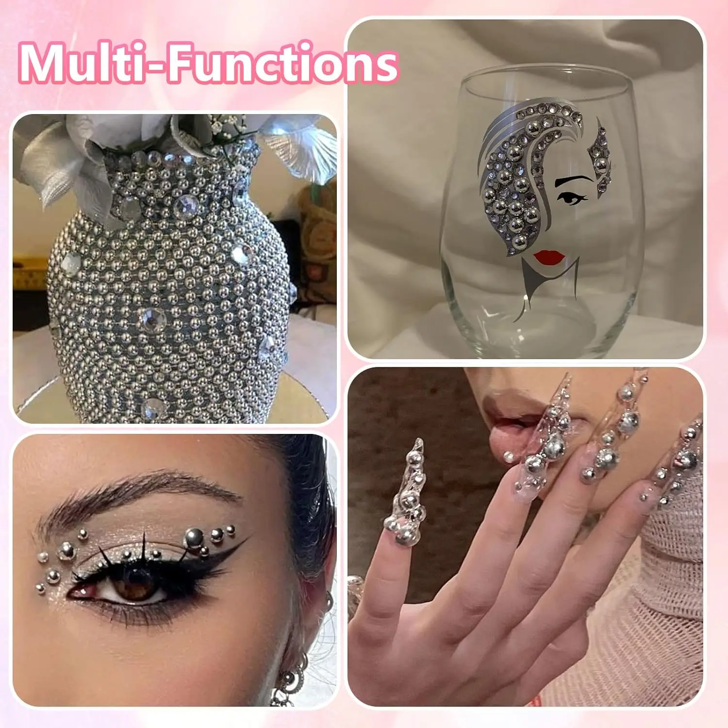 12グリッド3Dシルバーハーフラウンドパールネイルチャーム+ツール2個 2-8mmパールキャビアネイルアートデコレーションDIYパンククールマニキュアアクセサリー