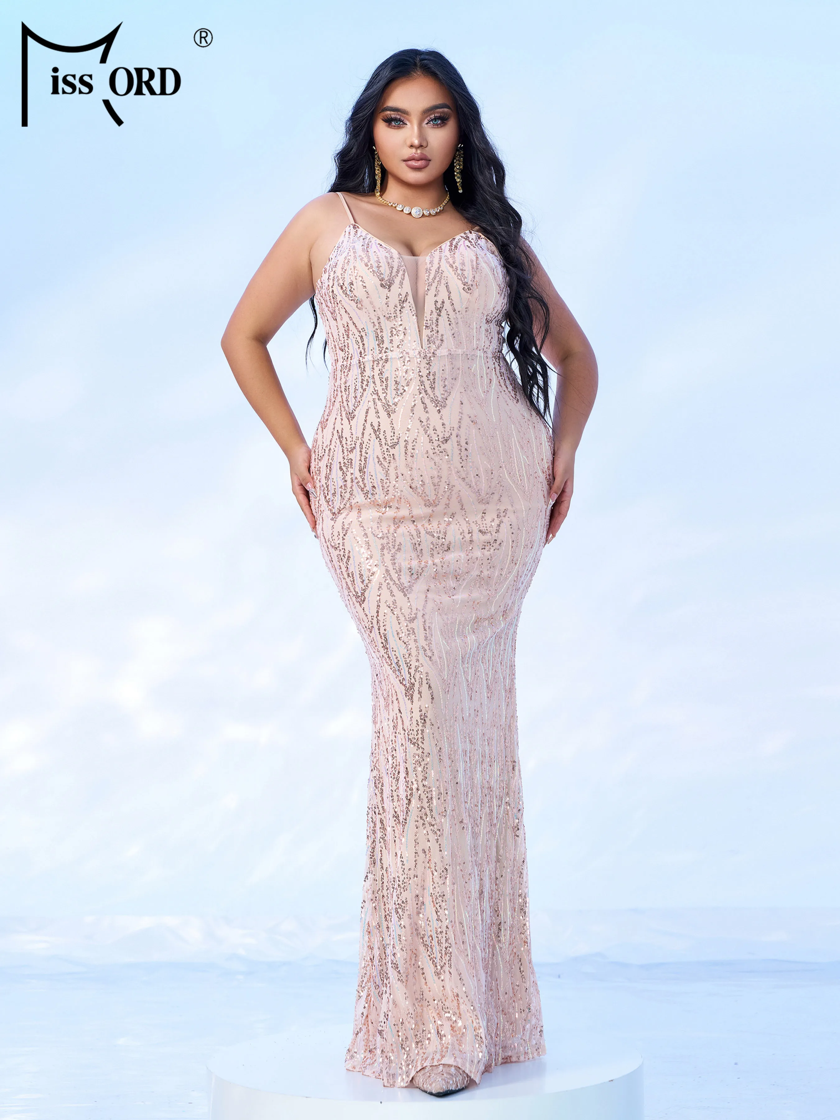 

Missord Plus Size New Apricot Chic Summer Elegant Spaghetti Sequin Mermaid Evening Formal Occasion Wedding Birthday Party Dress