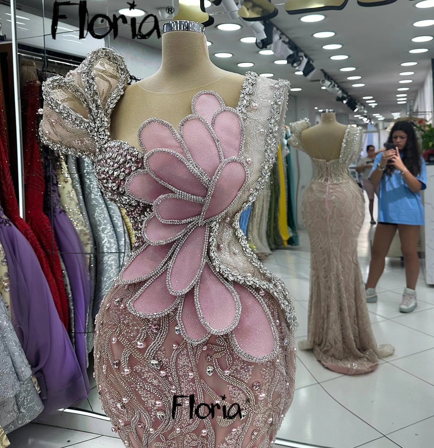 Floria-vestido de noche con cristales brillantes para mujer, traje de sirena con lentejuelas, color rosa rubor, estilo árabe, 2024