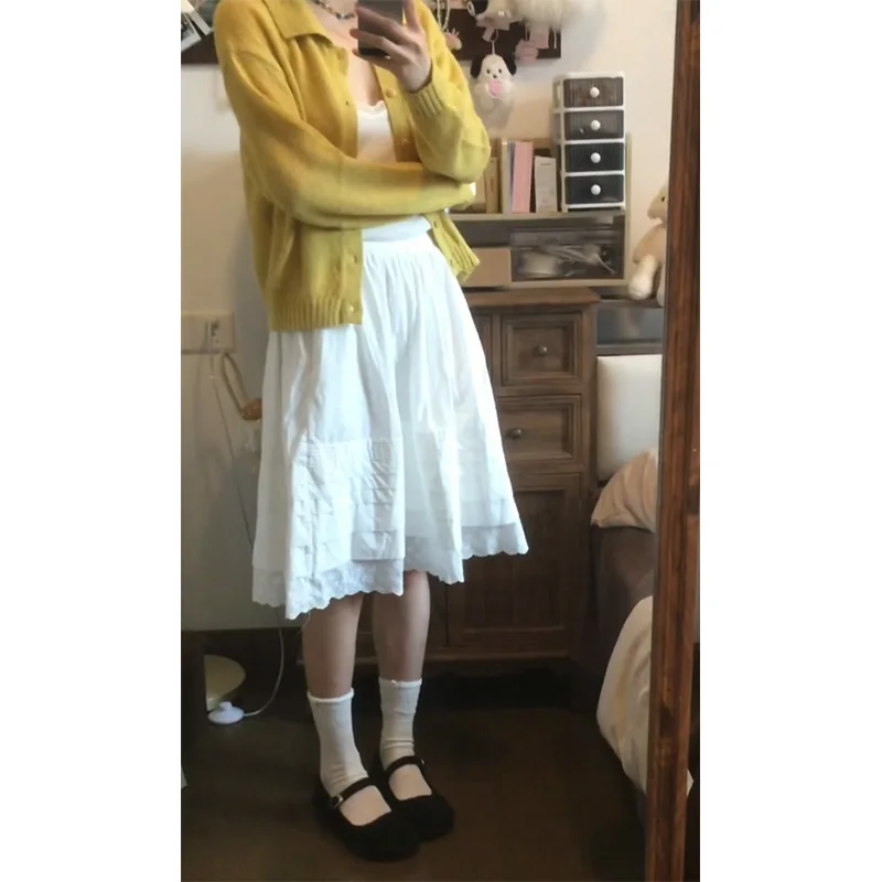 

Корейская плиссированная юбка-миди с кружевным подолом для женщин, А-силуэт, с завышенной талией, повседневная, весна-лето, дизайнерская