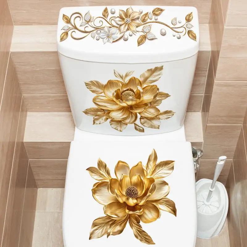 1Set New Gold Diamond Flower Bathroom Toilet Waterproof Toilet Lid Toilet Sticker Self-Adhesive Sticker