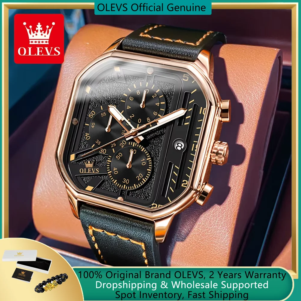 

OLEVS New Quartz Watch for Men Chronograph Clock Waterproof Luminous Leather Strap Men's Wristwatch 42mm Dial Man Dress Watches