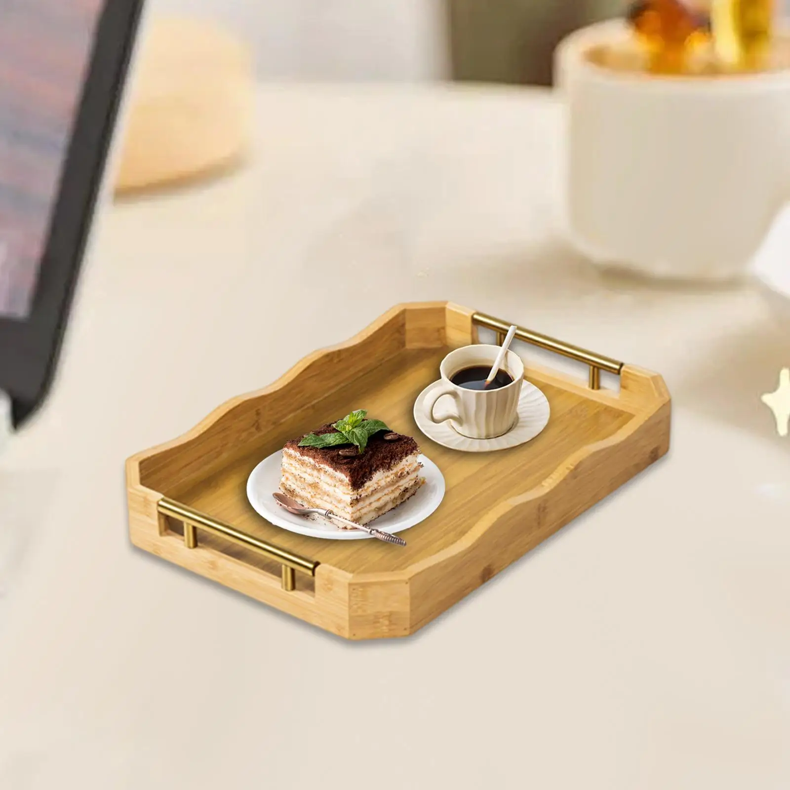 Modern Bamboo Tea Tray with Metal Handles Elegant Serving Platter for Coffee Table Decoration and Breakfast