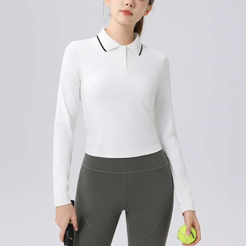 Women sports polo shirt long-sleeved lapel slim-fit golf T-shirt Skinny sports tennis shirt Casual flared pants sports Leggings