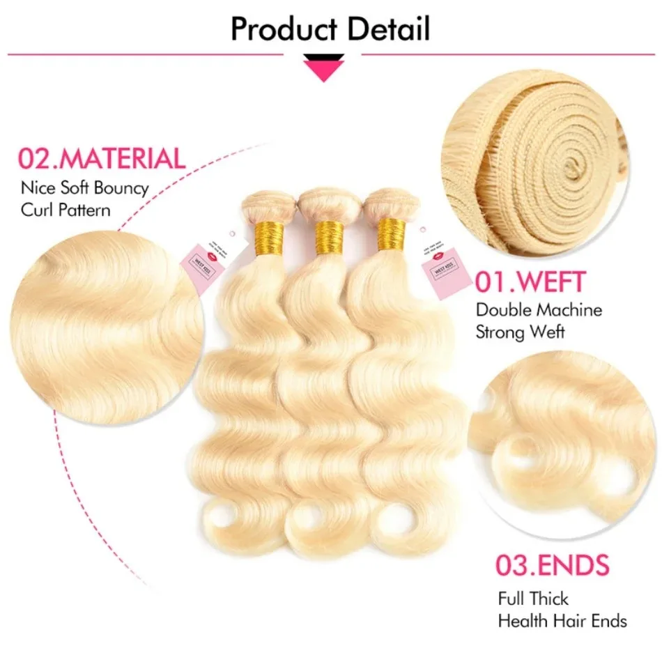 613 Blonde Color Hair Weave 1/3/4 Bundles Weaving Peruvian Body Wave Remy Hair Bundle 8 - 30 inch Human Hair Weft For Women