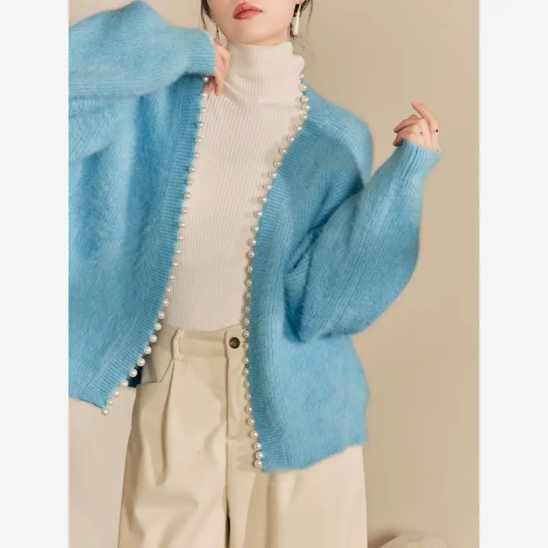 

Синий вязаный кардиган во французском стиле, женский осенний мягкий свитер с открытой передней частью на осень 2025 года