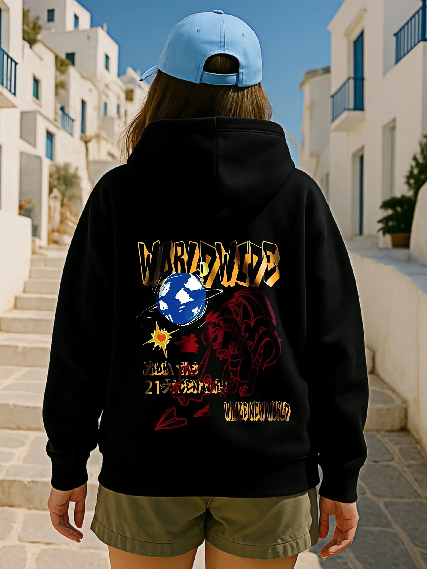 그래픽 후디 여성, 월드 와이드 프린트, 스트리트웨어 미학, 부드러운 원단, 캐주얼 일상복, 청소년용