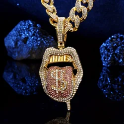 Ice Out Red Dollar Tongue Pendant Necklace With Hip Hop Cuban Chain For Men And Women