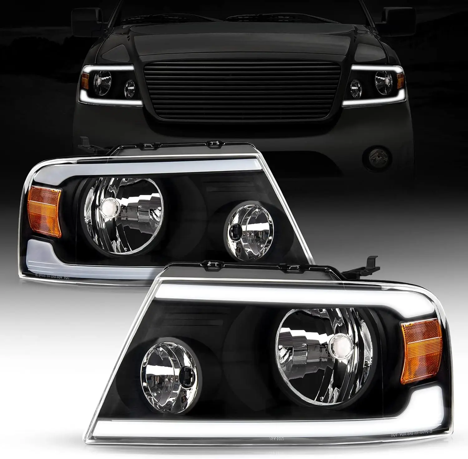 

LED DRL Headlight Assembly Fit for 2004 2005 2006 2007 2008 F150, Headlamp Replacement Pair with Daytime Running Light Black Hou