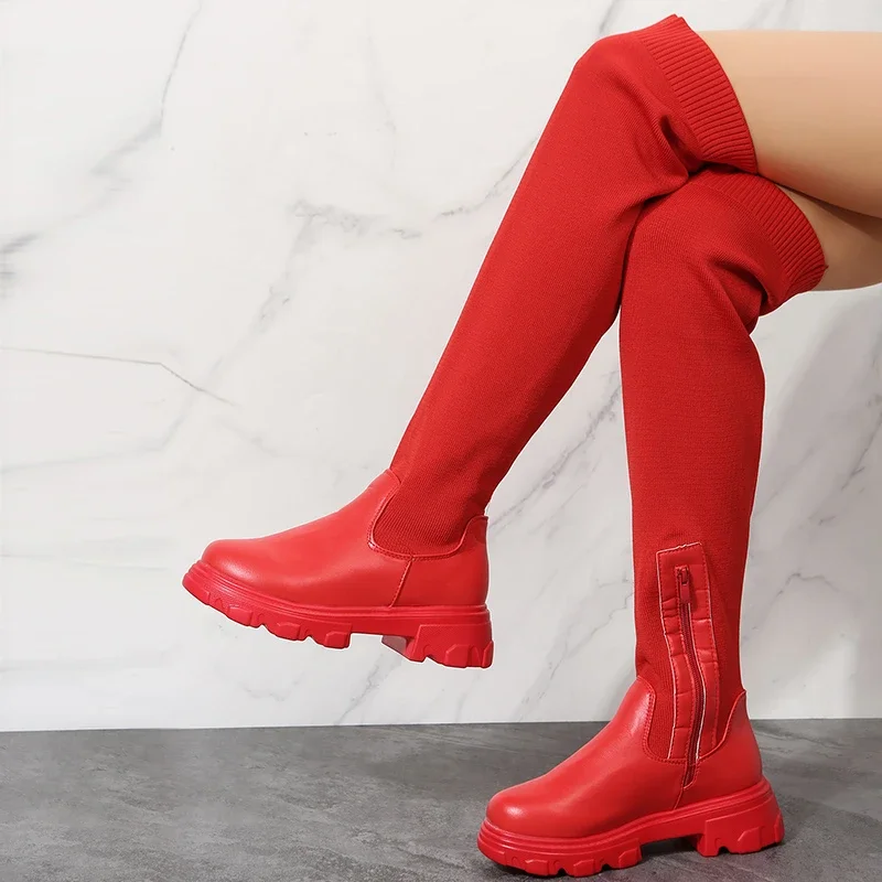 Thigh High Boots Women Over-the-knee Long Platform Shoes Knitting Socks Chunky Red New Rock Elegant Goth Plus Size Lolita