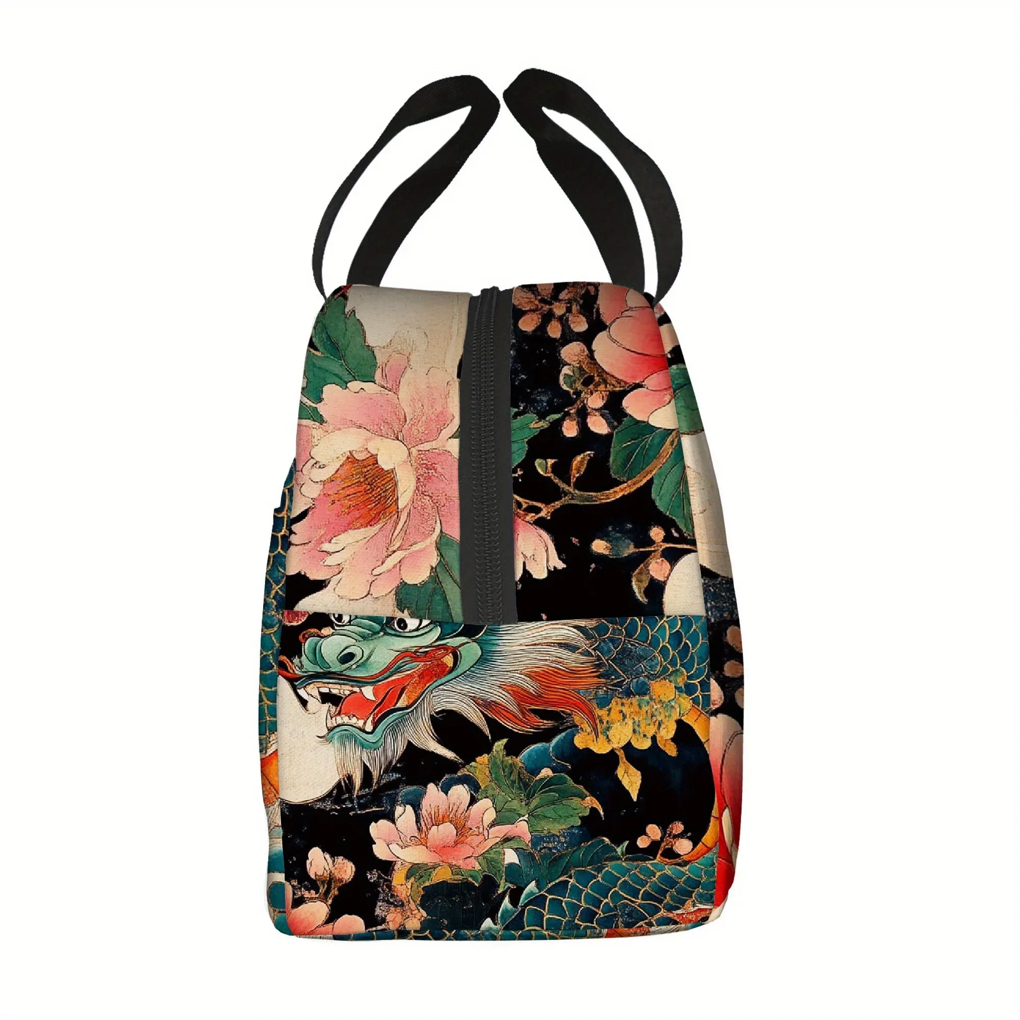 Japanese Dragon Floral Print Lunch Bag Insulated Thermal Tote Durable Polyester Picnic Cooler