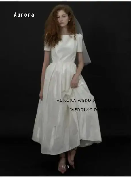 

Simple A Line Taffeta Wedding Dresses Korea Photoshoot Short Sleeves Bateau Neck Ankle Length Bridal Gowns Formal Party