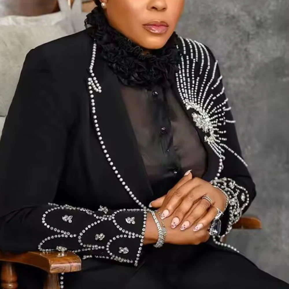 تخصيص كريستال اللؤلؤ أم العروس فساتين فاخرة مطرز سترة المرأة الأفريقية السراويل الدعاوى سليم صالح السترة 2 قطعة مجموعة