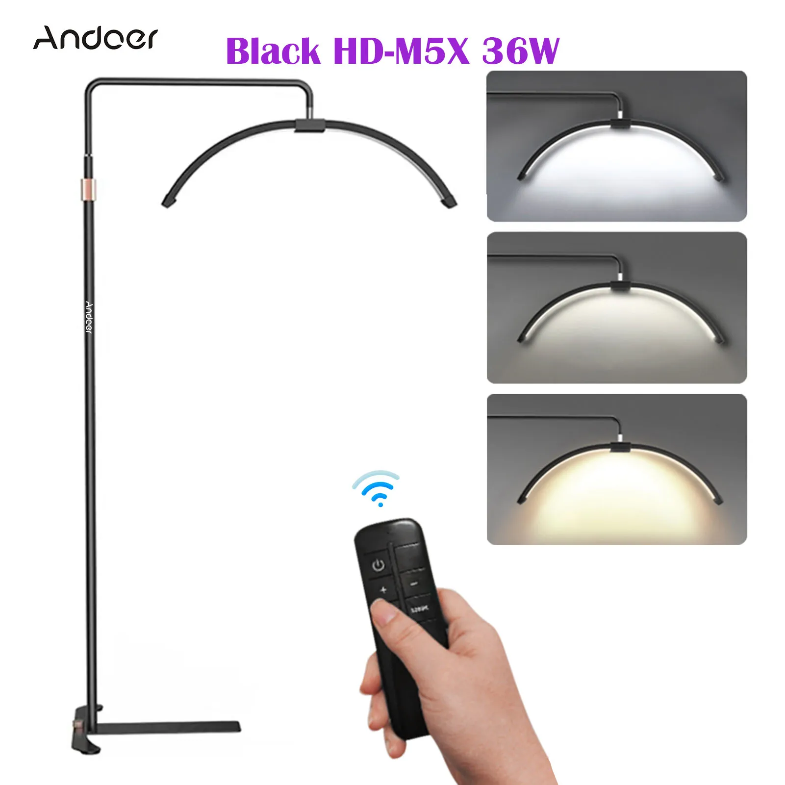NIEUW Andoer HD-M6XR 36W vloer LED-videolamp halvemaanvormig invullicht dimbaar met 5600K wit licht en rood licht 186cm metaal