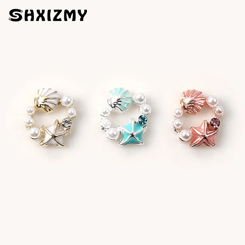 Oco Star Nail Art Charms, 3D Alloy Shell e Starfish, Silver Crystal Diamond, Nail Decoration, Luxo Manicure Acessórios, 5pcs