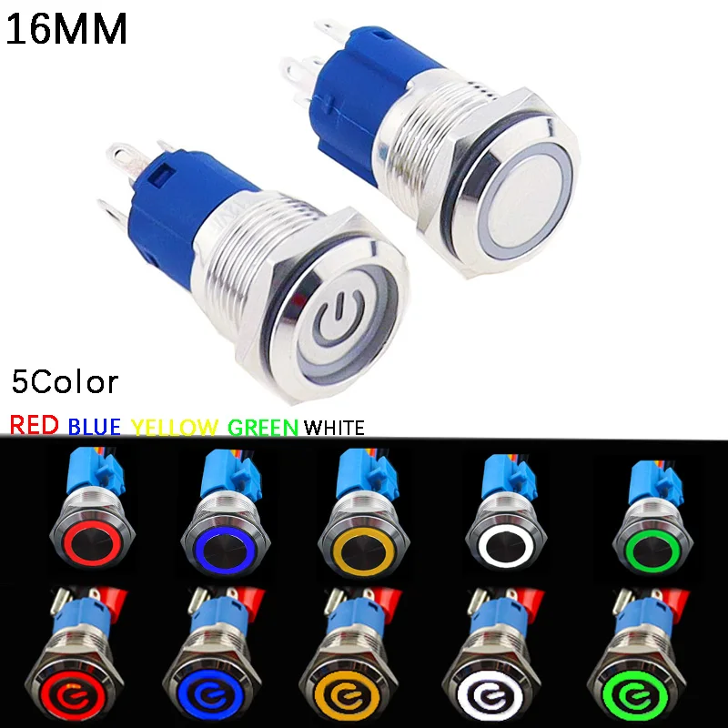 16MM Self-Locking Self-Reset Metal Push Button Switch With Led light White Yellow Green Red Blue Button 3V 5V 6V 24V 110V 220V
