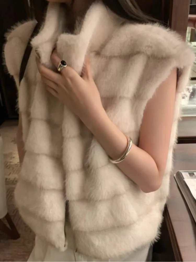 레트로 슬레 인조 모피 조끼 여성용 슬림 아우터웨어 슬림 트렌디 겨울 패션 다용도 캐주얼 편안한 탑