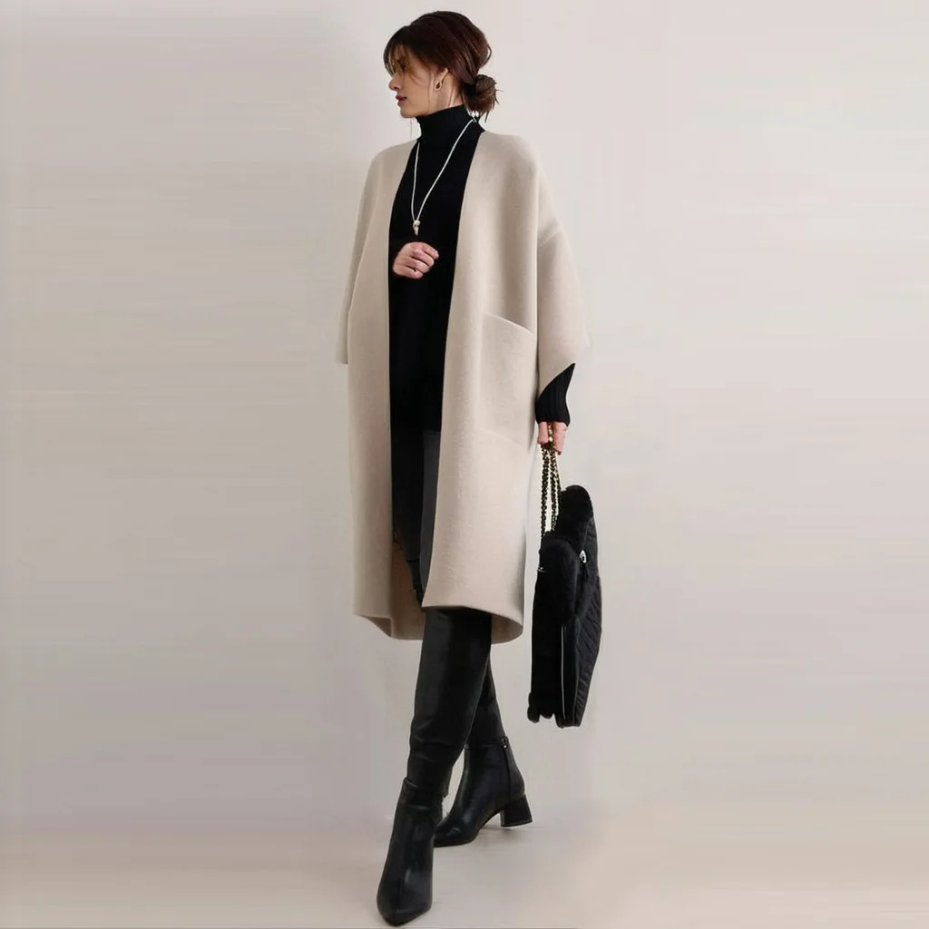 2024 autumn new collarless 7-inch sleeve mid length double pocket woolen coat