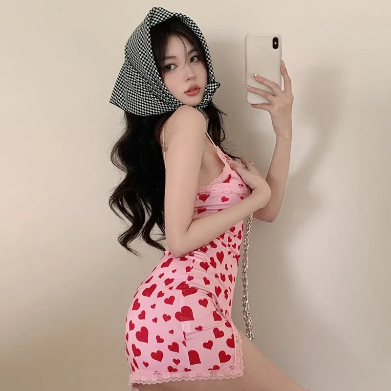 Women Sweet Low Cut Heart Pattern Suspender Dress Y2K Korean Dress Hip Sexy Backless Dresses Summer