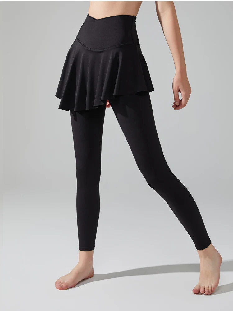 VITALINOVO Damen Crossover-Leggings mit Rock Tennis Yoga Leggings mit Rock Hohe Taille Rüschen Plissierter Skort Tennis Sport Golf – Detail 3
