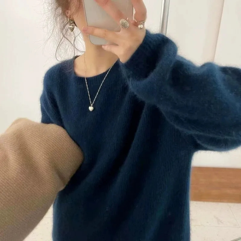 European goods autumn winter new round neck cashmere sweater female thick languid lazy wind dark gray sweater loose knit sweater