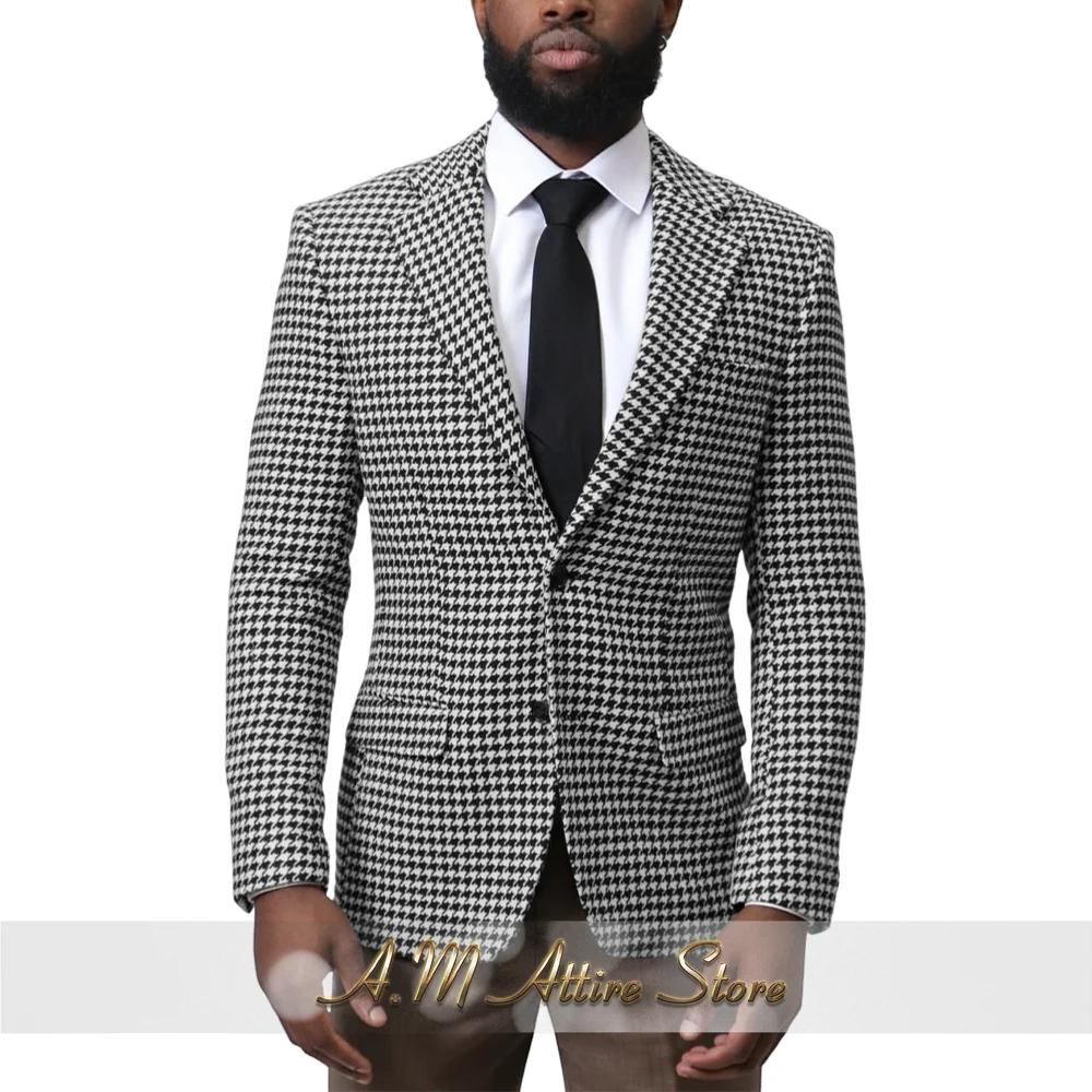 Men's Suit Jacket Black and White Houndstooth Pattern Notch Lapel Blazer for Daily Meeting Wedding Banquet Party Custom Tuxedo