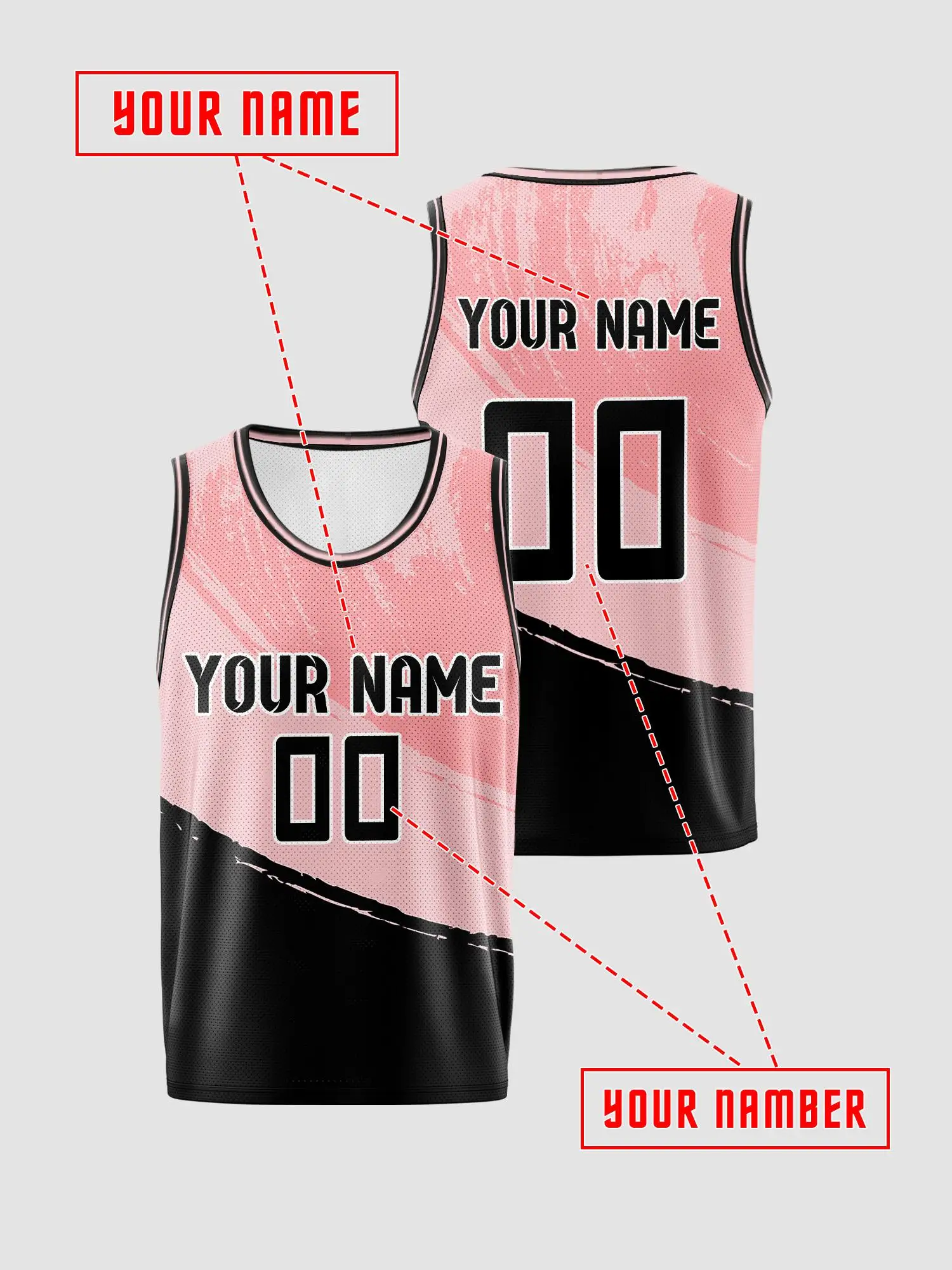 Custom Pink‑Black Brush Splice Basketball Jersey, Adult & Kids Team Uniform, Print Name Number