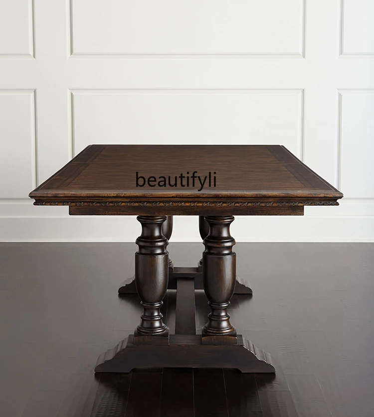 

American retro all solid wood, dining table, carved four-poster long dining table