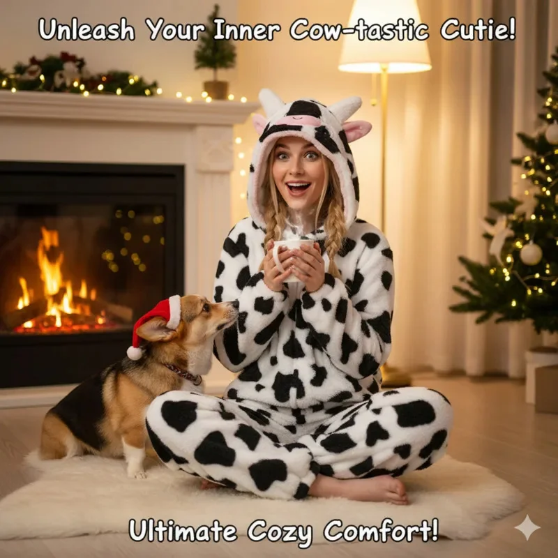 

Y2K Cow Hoodie Dresses Cute Coral Fleece Pullover Winter Cartoon Sleepwear Flannel Long Sleeve Plus Homewear Dress Set New