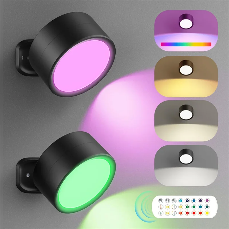 

LED Wall Mounted Lights with Remote Wireless Magnetic Wall Sconces RGB Dimmable USB Rechargeable for Bedroom Bedside Night Light