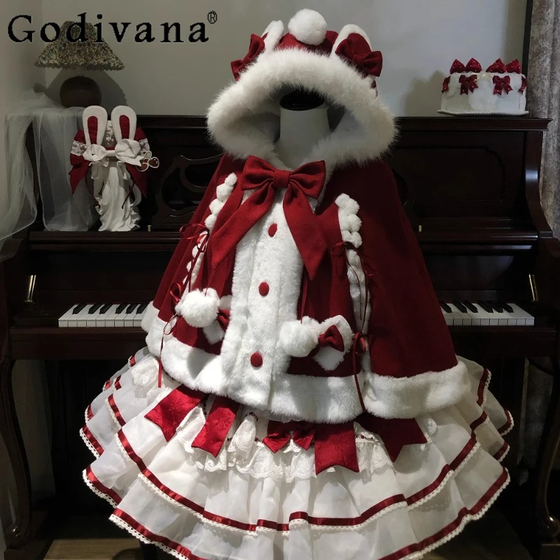 

Christmas Sweet Lolita Red Capes Ponchos 2025 Winter New Girl's Sweet Cute Bow Plush Warm Hooded Cloak Women Y2K Short Jacket