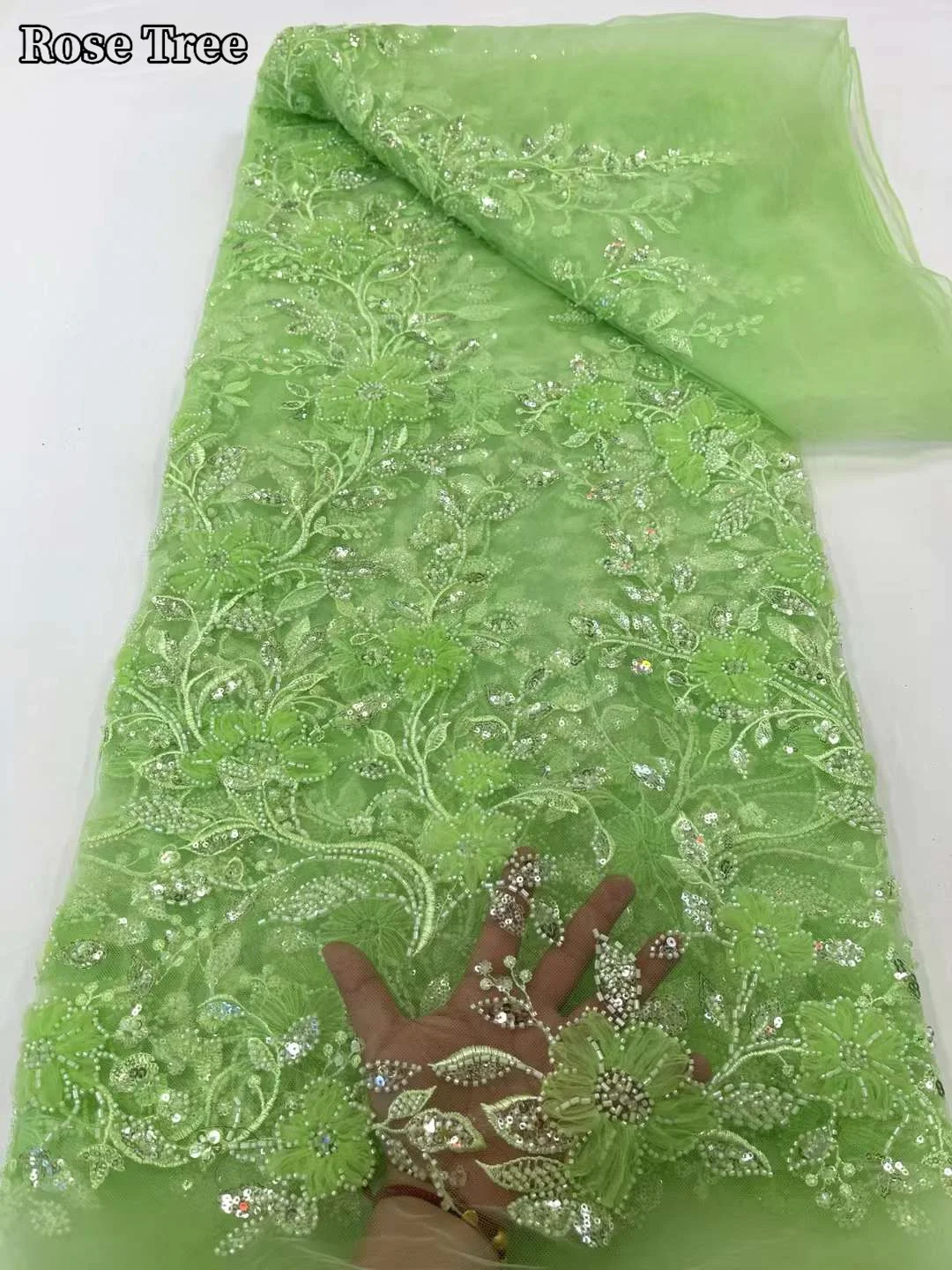 Tela de encaje 3D Africana naranja de alta calidad, lentejuelas pesadas de lujo, cuentas de perlas, encaje para vestido de noche de boda, 5 yardas