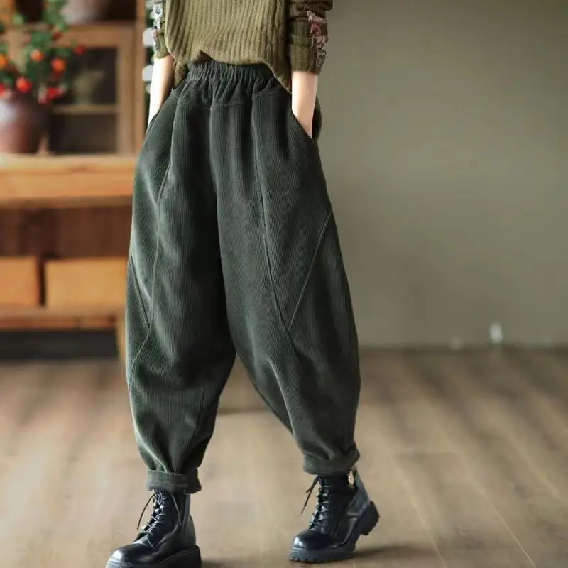 2023 New Arrival Spring Autumn Women Vintage Patchwork Ankle-length Pants Casual Loose Corduroy Elastic Waist Harem Pants P641