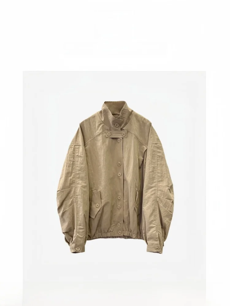 

Loose Casual Stand Collar Color Blo Plaid Workwear Jaet Outerwear Long Sve Cotton Women's Spring Faion