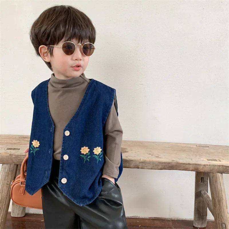 

Kids Denim Vest Flower Embroidery Korean Children's Clothing Autumn 2024 Baby Girls Sleeveless Jacket Child Boys Fashion Coat