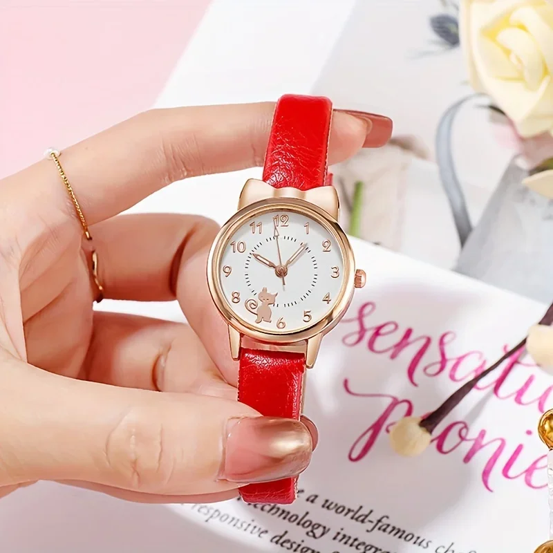 Cartoon Cat Round Pointer Quartz Watch Cute Luminous Analog PU Leather Wristwatch For Women Girls Students