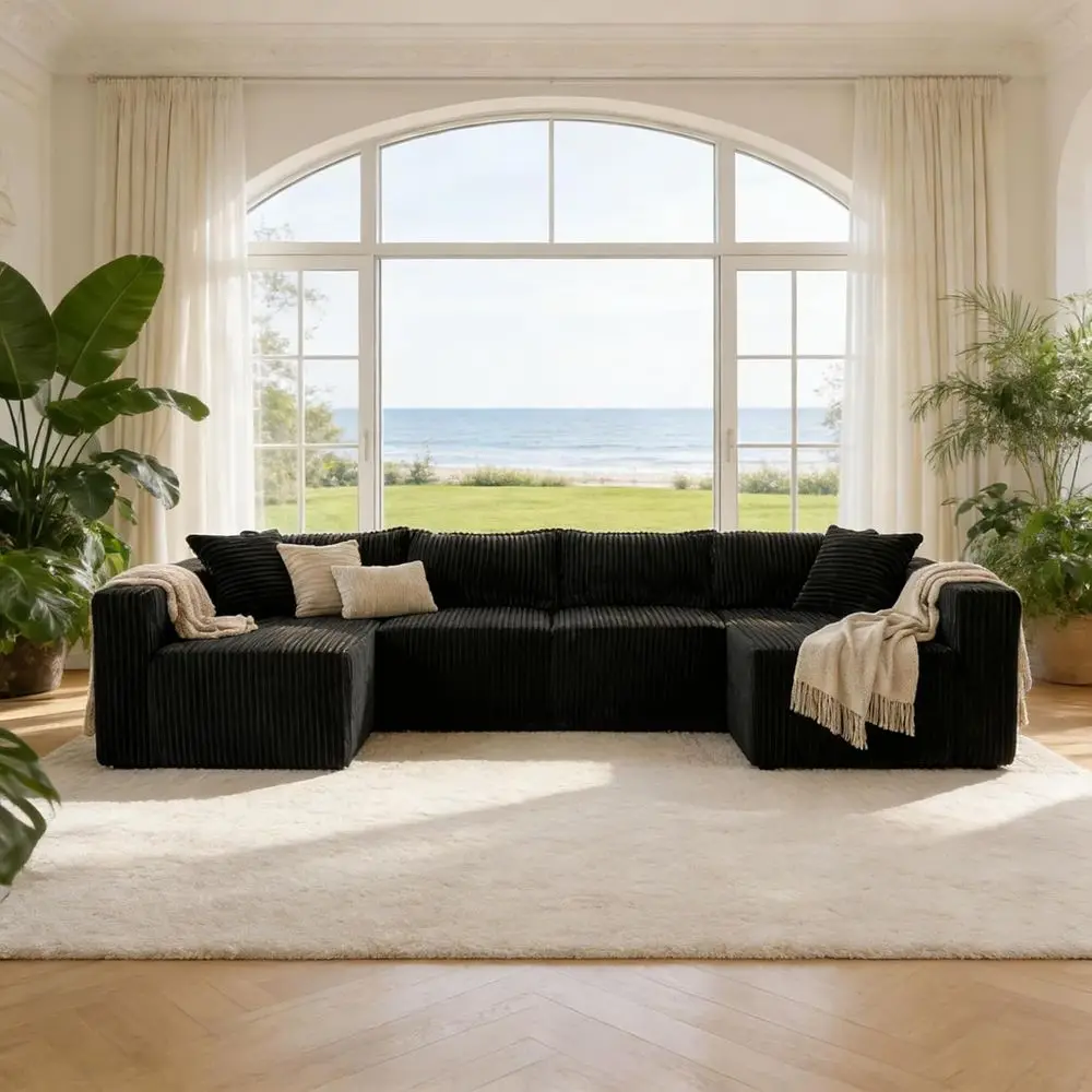 

Luxury 6-Pillow Deep Seated Black Sectional Couch for Living Room, Ready to Use