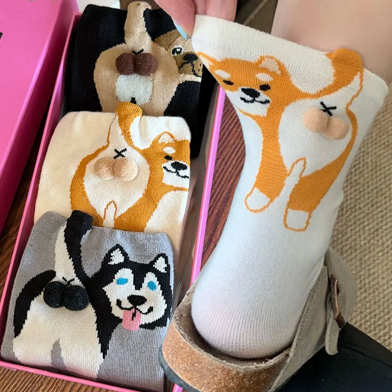 

1/4 пары новых популярных носков Ins Style Dog Egg для женщин, милые собачьи шарики с узором, средние носки-трубы, кавайный подарок для любителей кошек