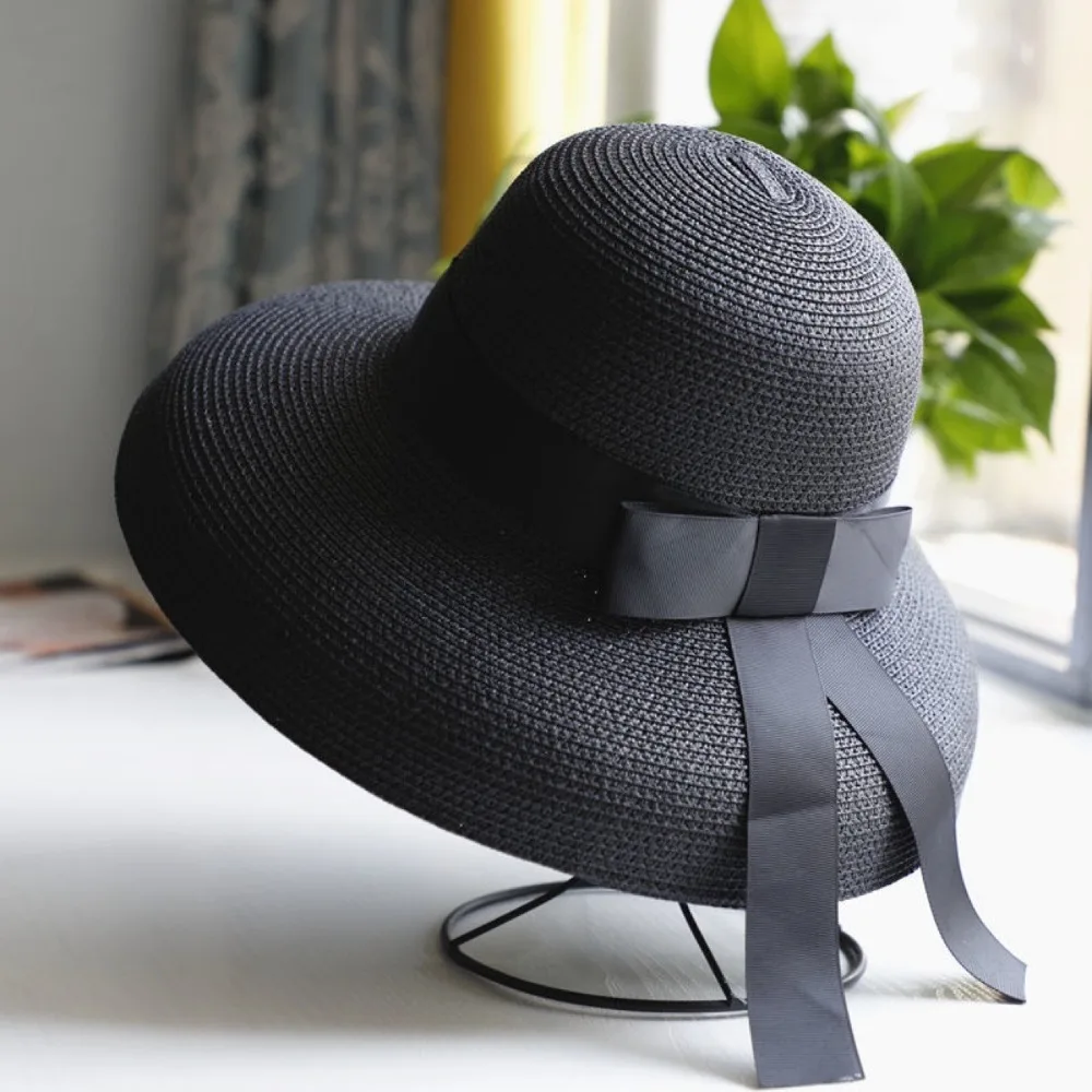 Retro Round Top Straw Hat Ladies Sun Hats Travel Holiday Visor Hats Vintage Women Beach Hat Black And White Wholesale ceremony