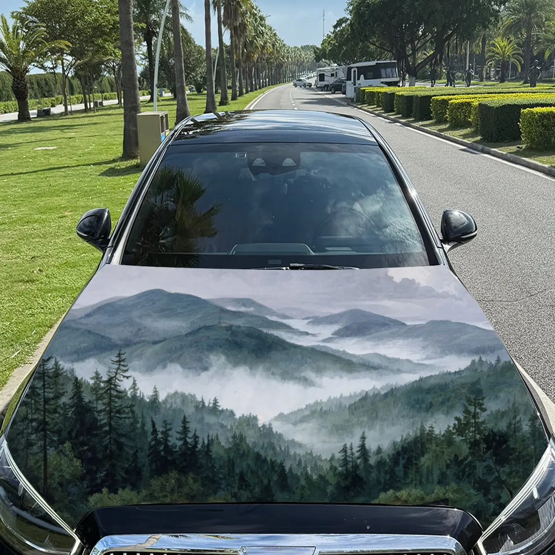 

Peaceful Mountain Forest PVC Car Engine Hood Vinyl Wraps, Self-Adhesive Waterproof Car Hood Decal Sticker, Car Decoration Protec