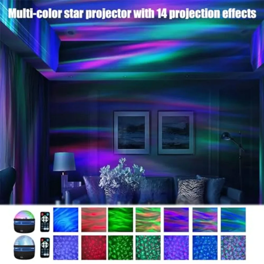 2 in 1 Northern Lights and Ocean Wave Projector with 14 Effects of Galaxy Light for Game Rooms, Parties, Light Projector for Be