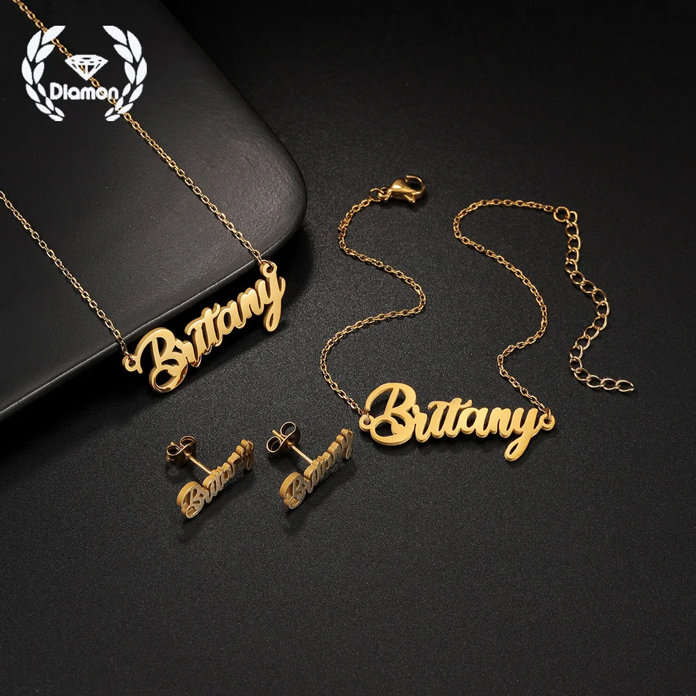 דימון מותאם אישית שם תכשיטי סט נירוסטה שרשרת פשטות צמיד עגילים עגילי הברגה לנשים מתנה תכשיטים לנשים מתנה