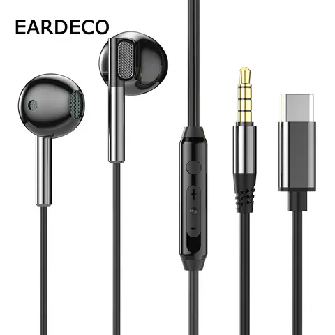EARDECO 3.5mm/Type-C 소음 차단 헤드폰 유선 헤드폰 베이스 Hifi 유선 이어폰 이어버드 와이어가 있는 스테레오 마이크 이어폰