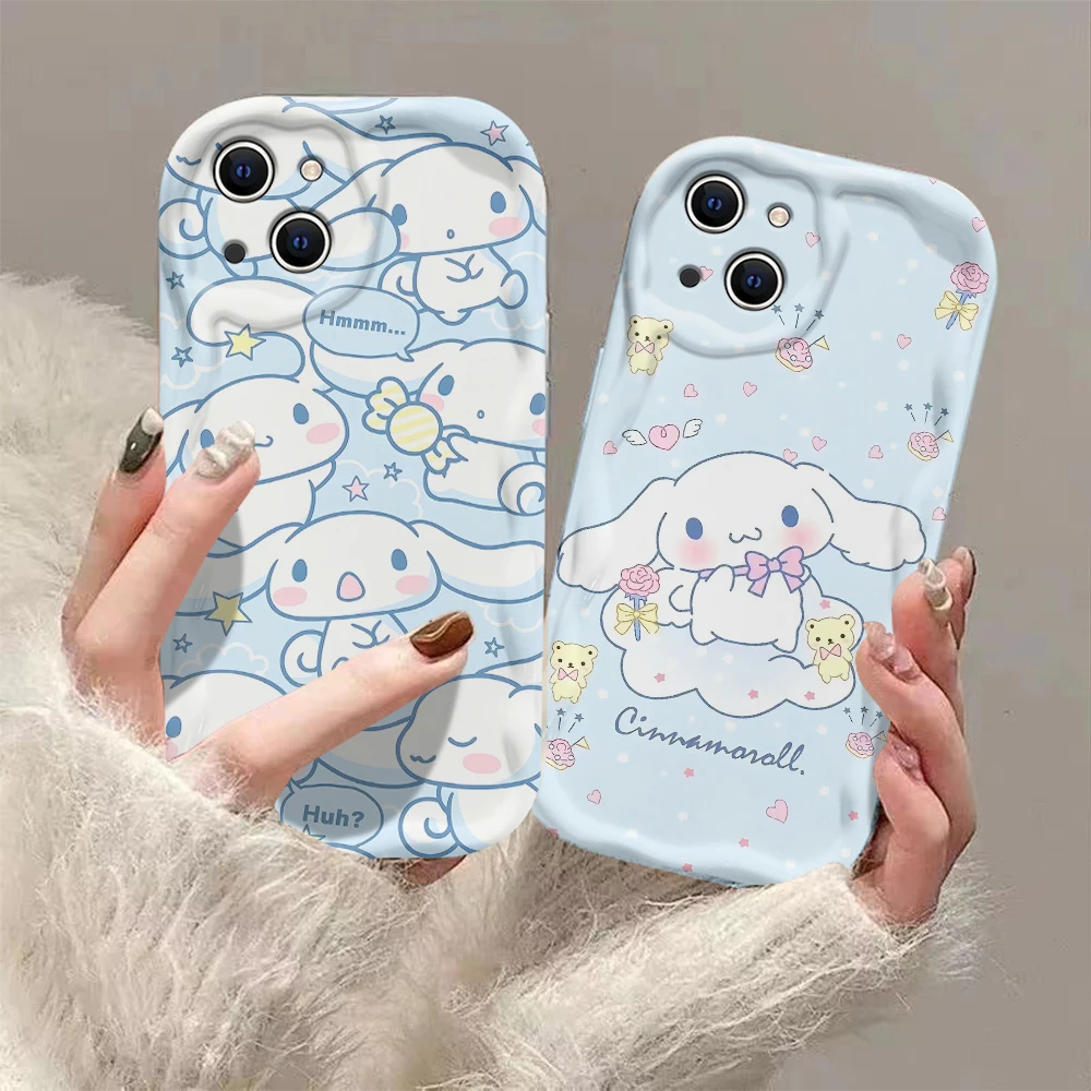 Cute Cartoon Blue Cinnamoroll 3D Wave Case For iPhone 15 14 13 12 11 Pro Max Mini X XR XSMAX 8 7 6S Plus Soft Silicone Cover