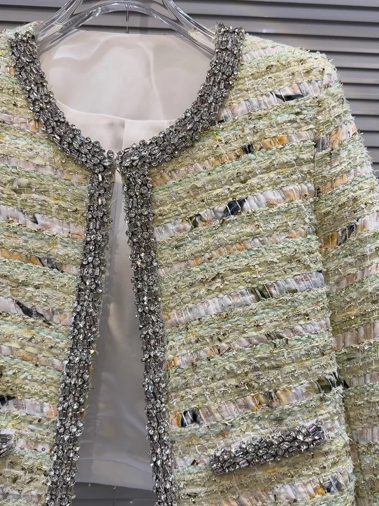 Giacca da donna in tweed con diamanti alla moda o-collo manica lunga elegante designer cappotto corto da donna da ufficio nuova primavera autunno capispalla