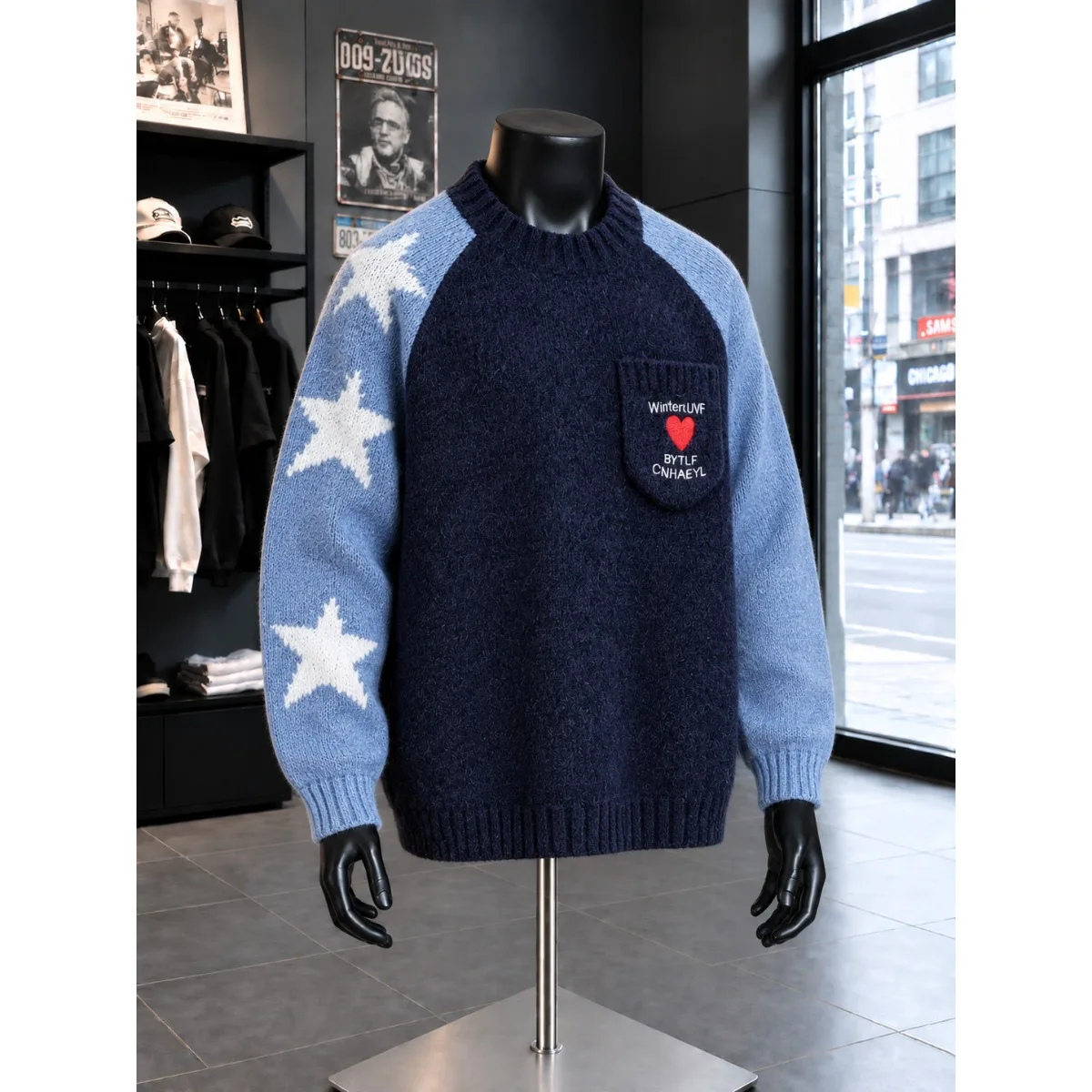 American Style Color Block Star Design Sweater Hooded Shoulder Insert Men's Autumn Lazy Knitted Shirt Casual All-Match Regula...