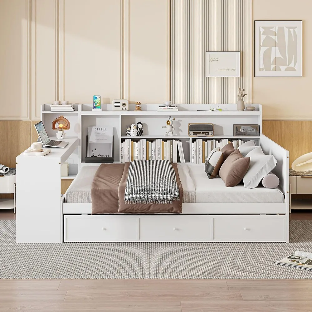 SOFTSEA Sofá de tamanho completo com gavetas de armazenamento e Bokcase, sofá de madeira com mesa, estante e portas USB para crianças, adolescentes e adultos, L Sh