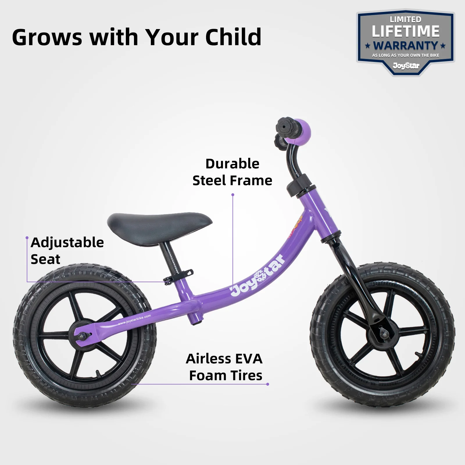 JOYSTAR 12 Inch Balance Bike for 2-5 Years Old Boys and Girls, Lightweight Push Bike with Adjustable Handlebar,Seat, Purple