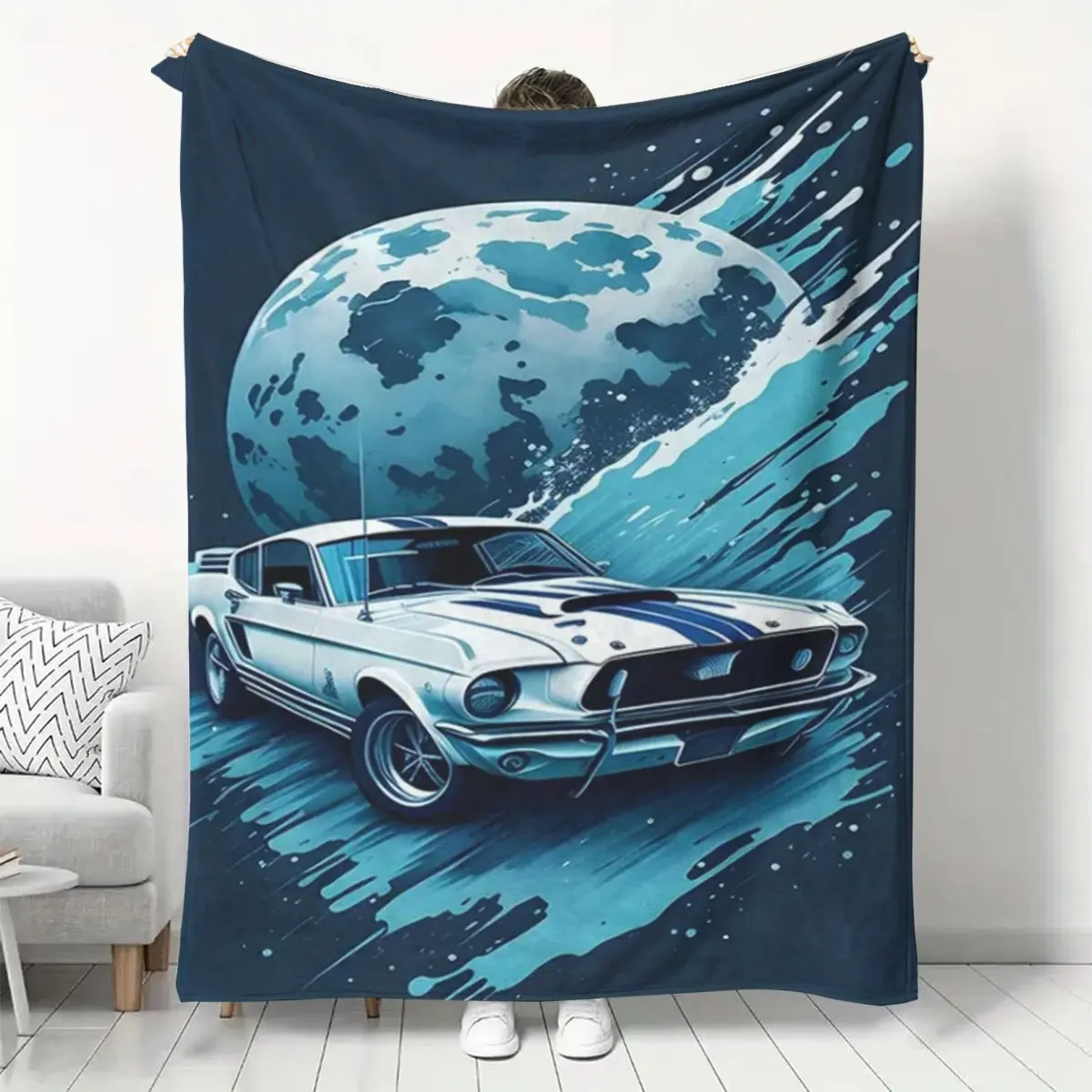 Retro Muscle Car Mustang Throw Blanket Blue Moon Artistic Pop Culture Decor Cozy Gift for Home Apartment Bedroom