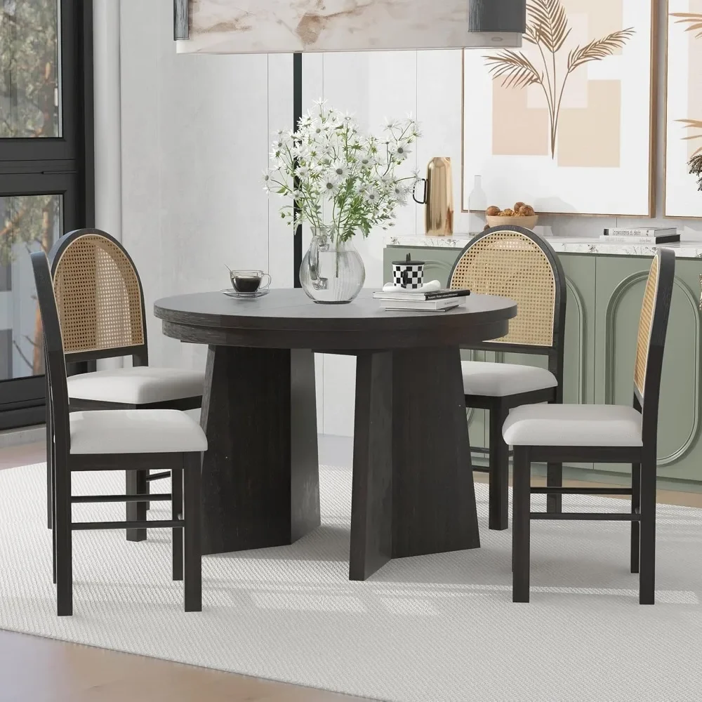 5 Piece Dining Table Set for 4, Round Extendable Table and 4 Upholstered Chairs with Rattan Backrests, Dining Room Sets